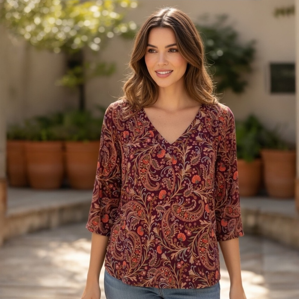 Paisley Floral Blouse Burgundy Rose Pink Gold Blue Coral Tan Boho Size Large